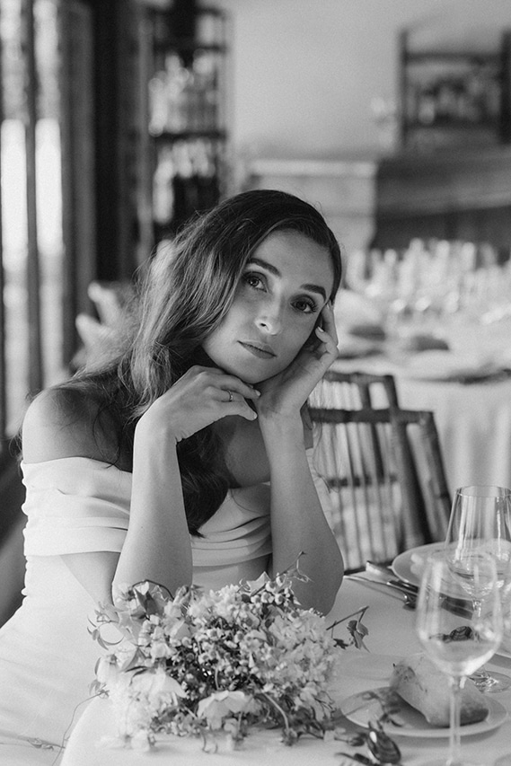sophisticated bride in black and white in her wedding in europe