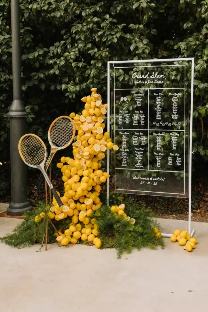 Wedding seating display framed by floral design in Italy