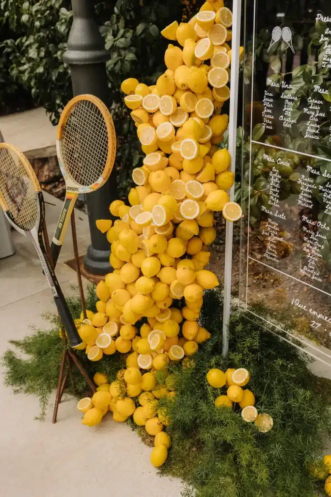 Floral installation with lemons styled for wedding in Italy