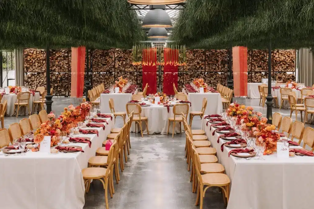 Long banquet table setup at luxury wedding in France