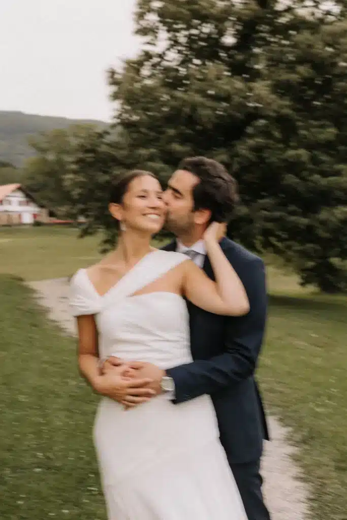 Couple embracing at countryside villa wedding in France
