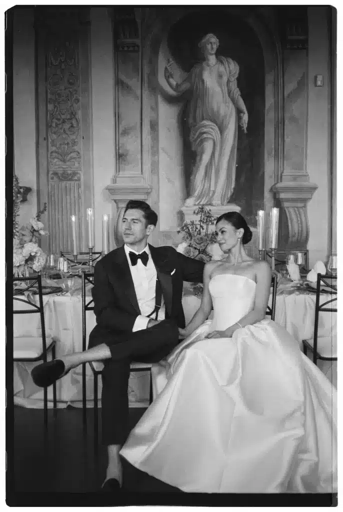 Black and white destination wedding portrait in Italy