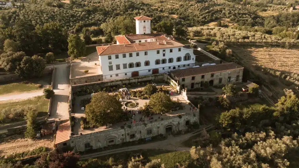 Aerial view of historic villa wedding venue in Italy