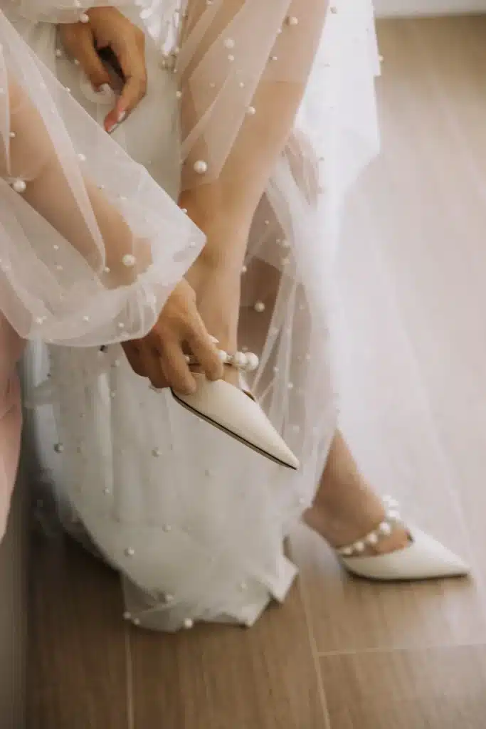 Bridal shoe and fabric detail styled for luxury wedding in France