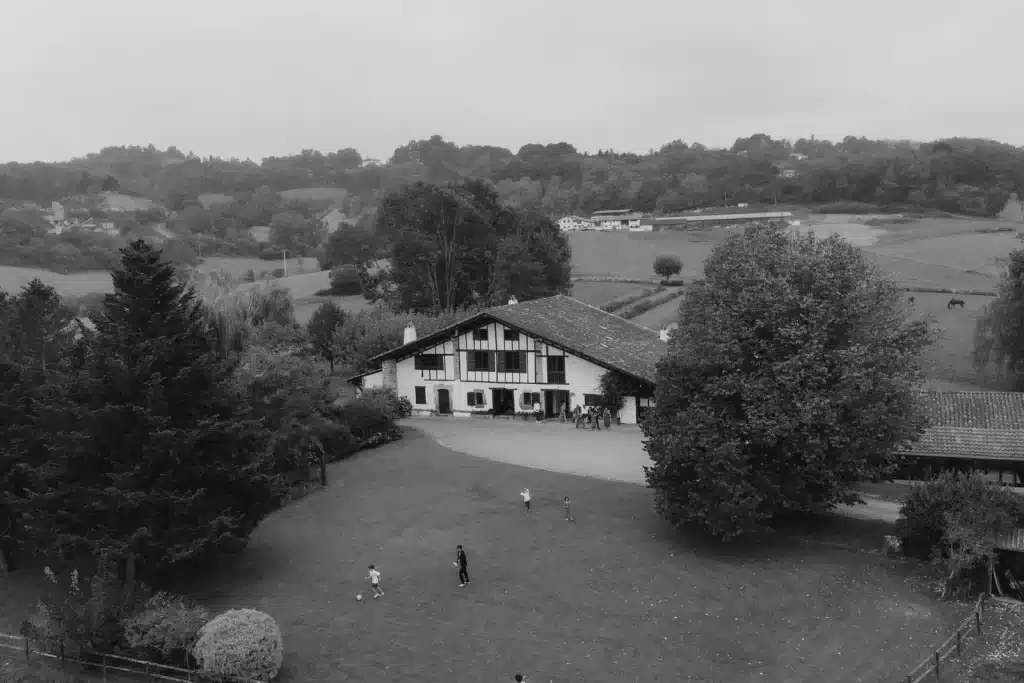 Aerial view of countryside estate prepared for wedding in France