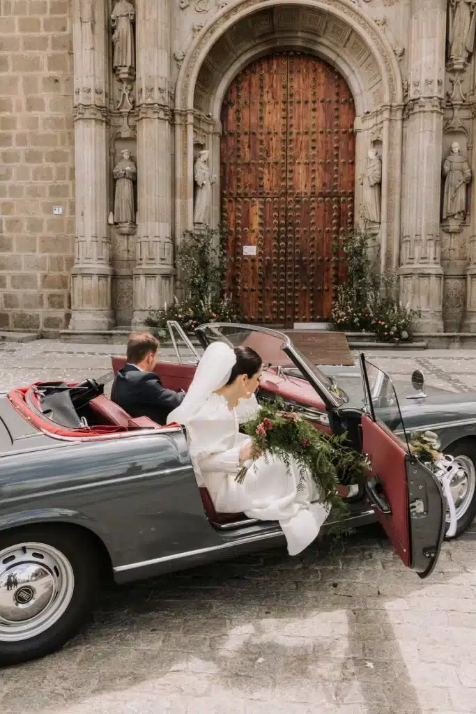 Romantic couple portrait at cathedral wedding in Spain