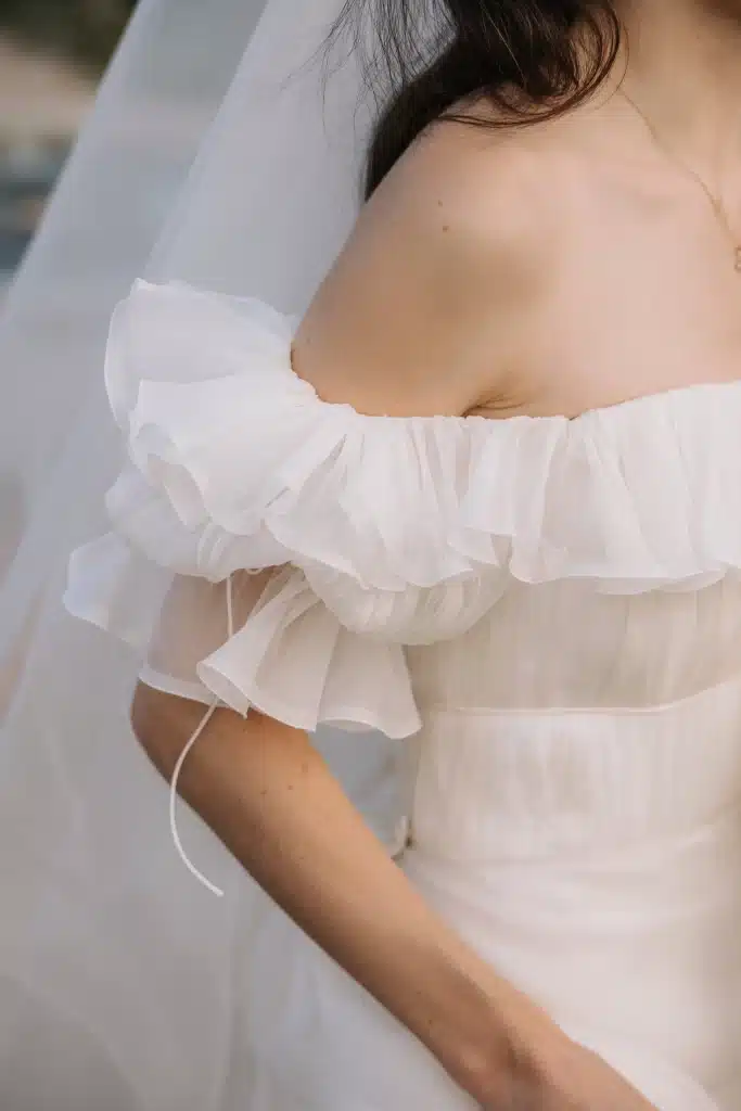 Bride wearing modern gown during a Greece destination wedding