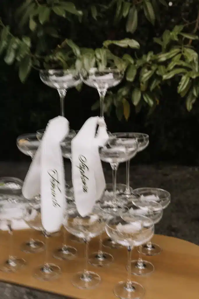 Crystal glassware detail at refined wedding reception in Spain