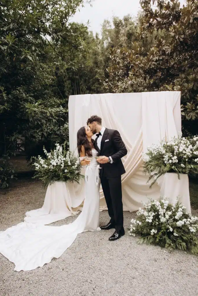 Couple during an outdoor ceremony at an Greece destination wedding