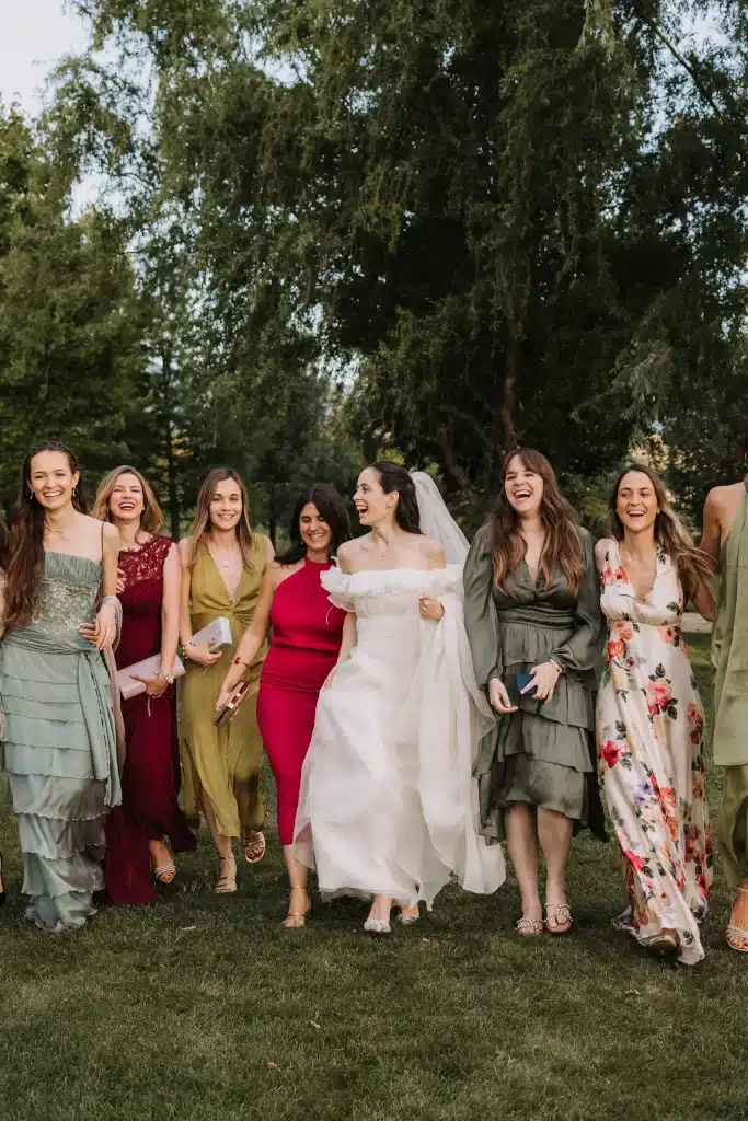 bride with her friends in a madrid destination wedding