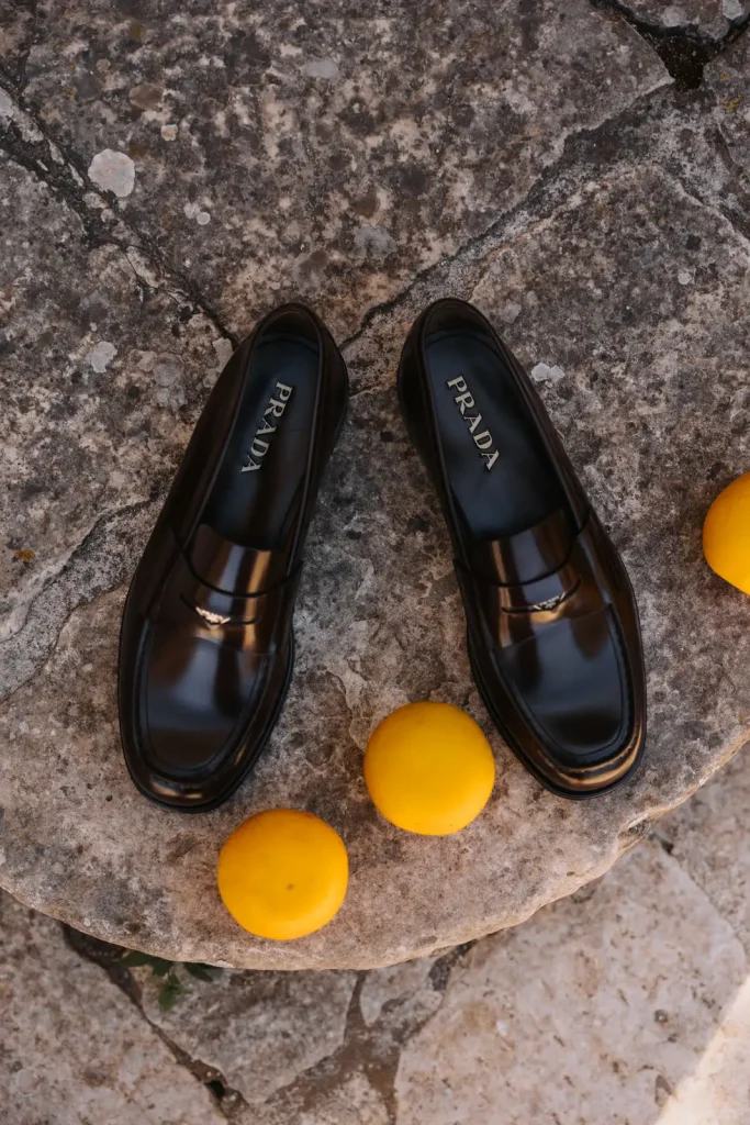 Prada shoes worn by the groom for a destination wedding in Sicily