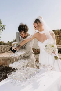 Champagne tower during a wedding at Villa Càrcara in Sicily