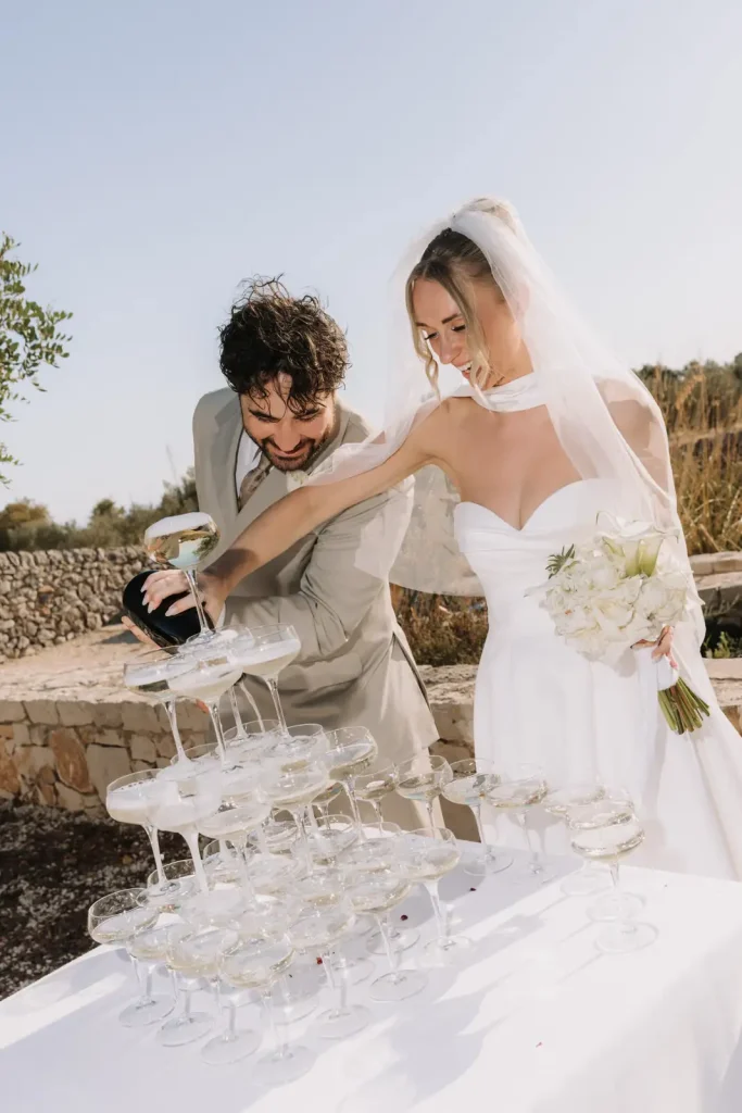 Champagne tower during a wedding at Villa Càrcara in Sicily